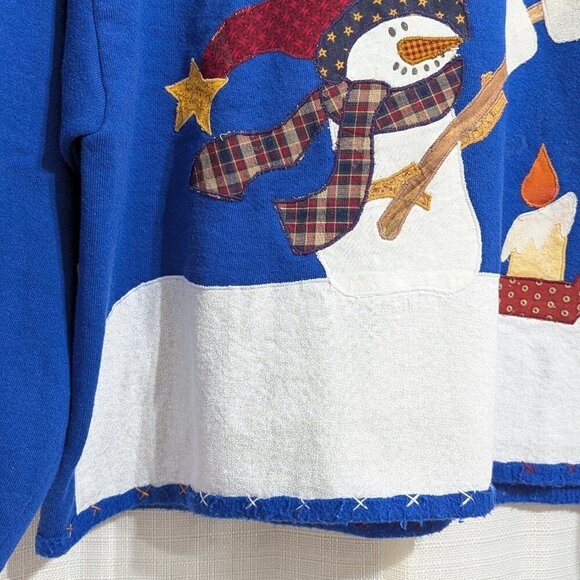 Vintage‎ Jerzees Embroidered Snowman S'more Sweater Blue Large White Cottagecore - Picture 3 of 8